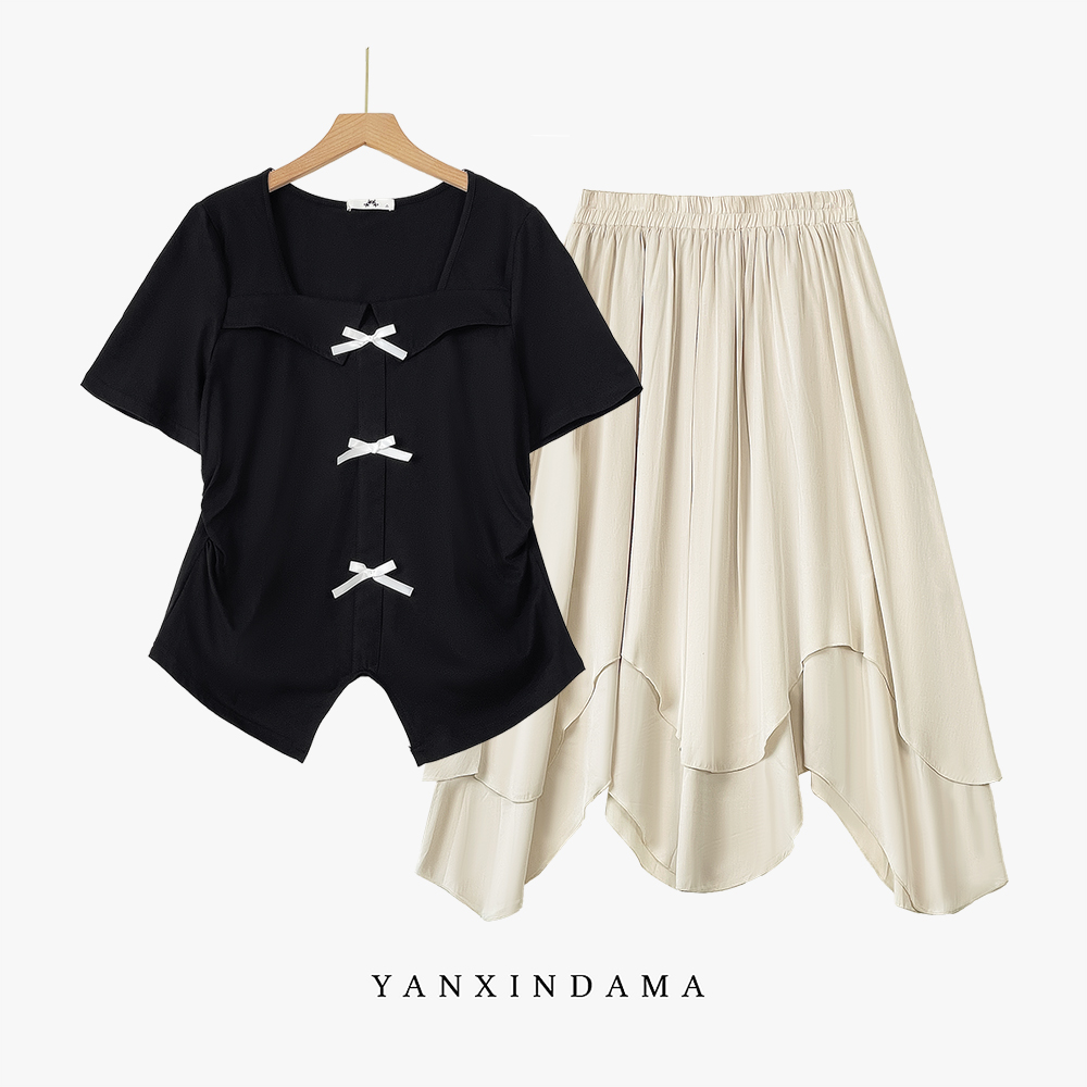 大码女装300斤胖MM气质方领短袖T恤不规则半身裙套装66996