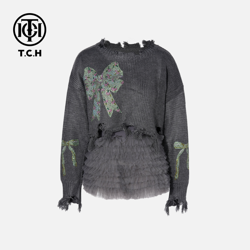 TCH私服秋款慵懒风烫钻时尚淑女灰色套装女T75C07E5027轻奢tch