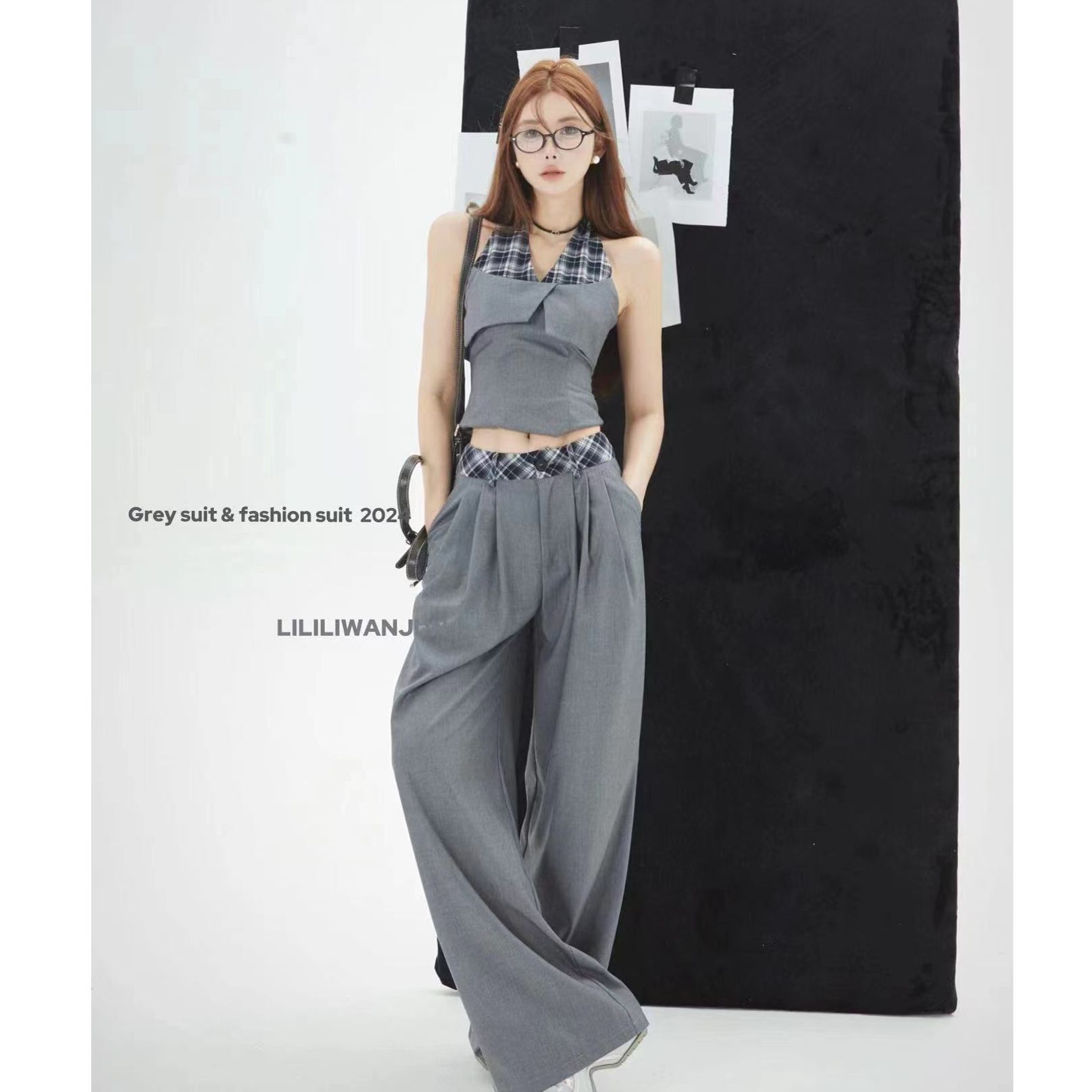 婉君【格雷系套装】夏季辣妹拼接背心垂感休闲裤套装LWJ24B2TZ983