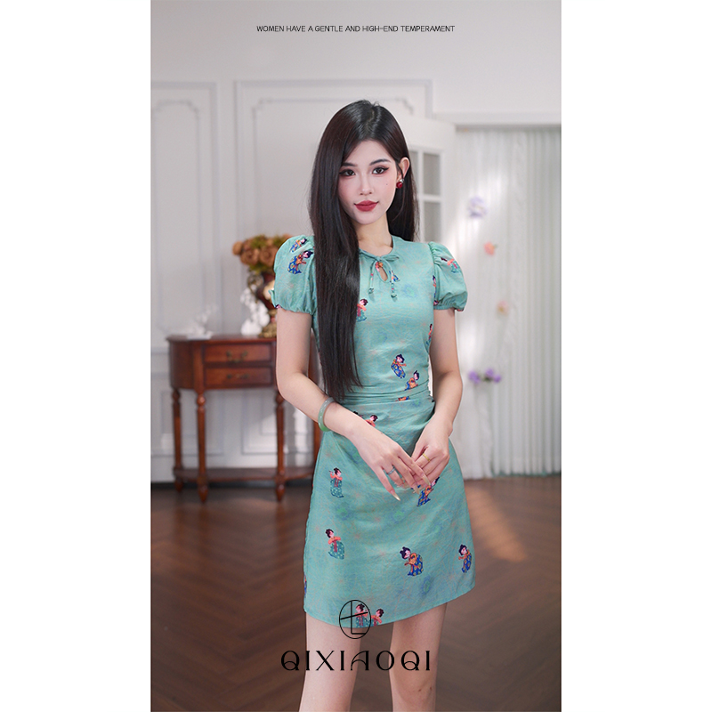 七小七Sicily【青花鸾】新中式国风改良旗袍连衣裙女夏季收腰显瘦