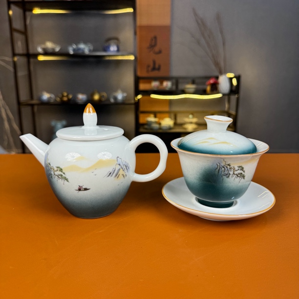 思归水墨晕染手绘三才盖碗套装大号泡茶壶陶瓷功夫茶具高端瓷器