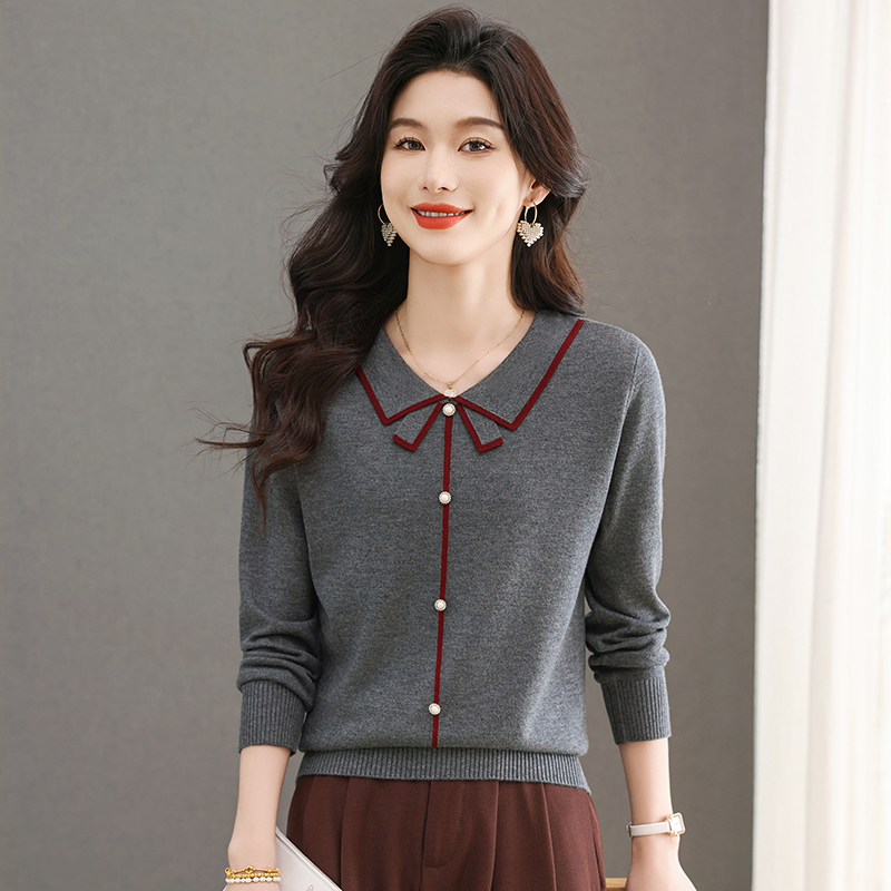 新款长袖薄款爆款蝴蝶结领显瘦显年轻时尚针织衫F6390