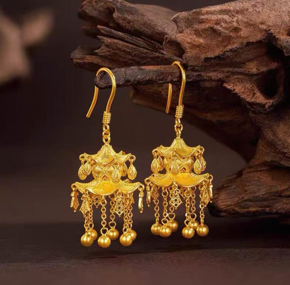 铜合金耳饰 亭台楼阁宫灯流苏耳环女复古宫廷风花丝流苏