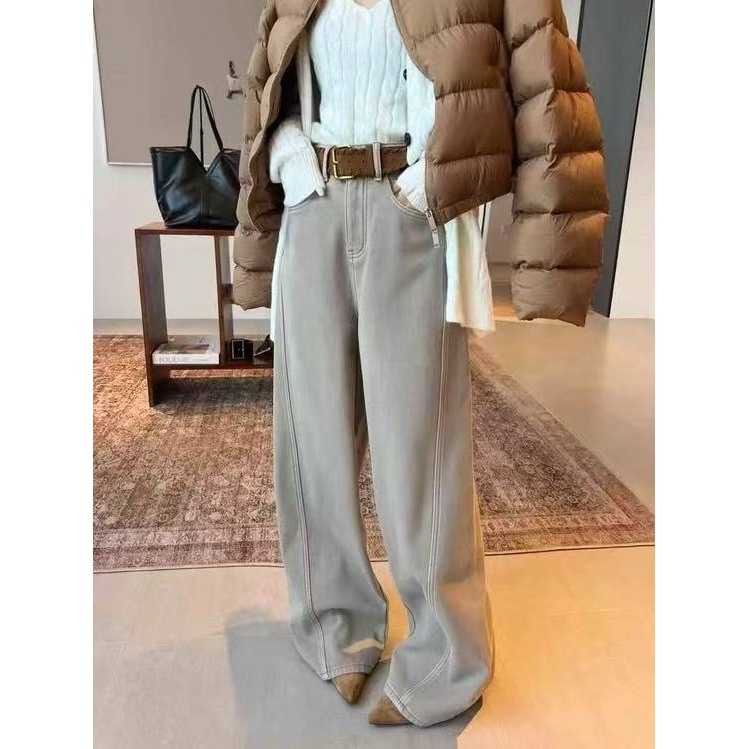 【复古奶茶牛仔裤】冬日加绒加厚款百搭休闲高腰奶茶牛仔裤NZ1