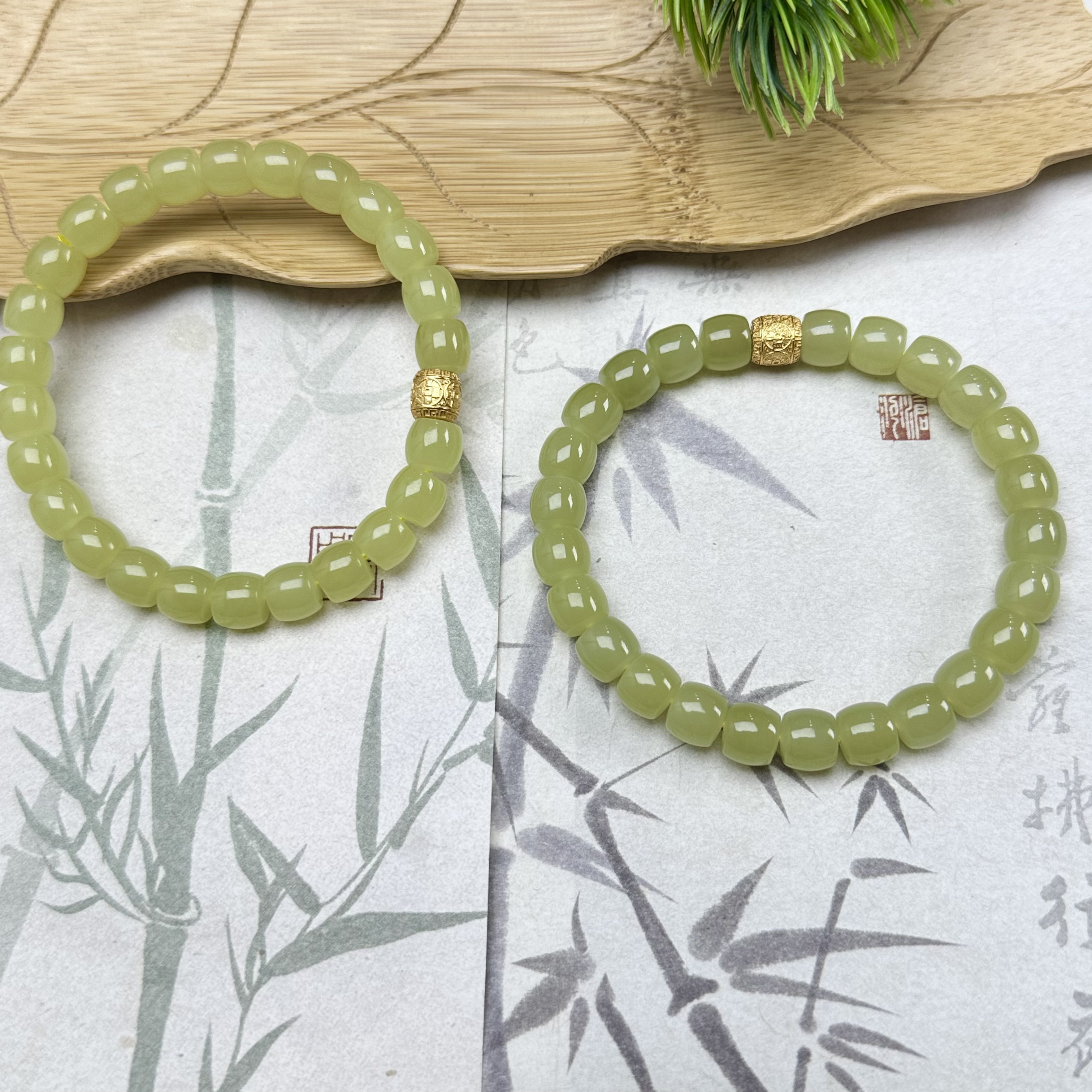 LJ107和田玉黄口老型珠手串7*8mm+多样性发其一