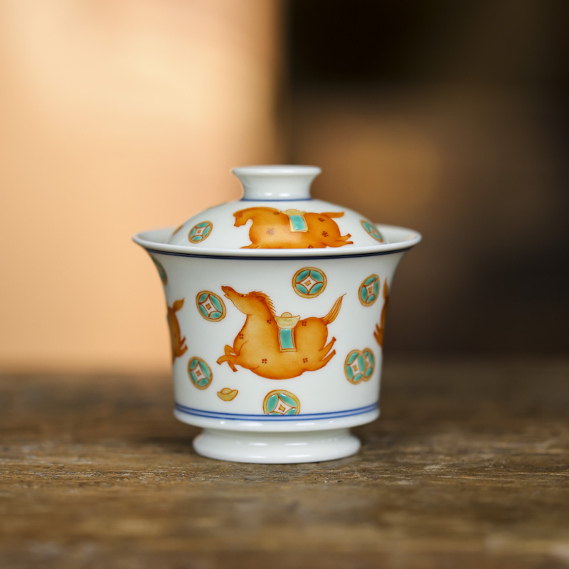 【非遗好物】矾红-立勤堂-马上有钱马蹄盖碗（FH-GW-032）