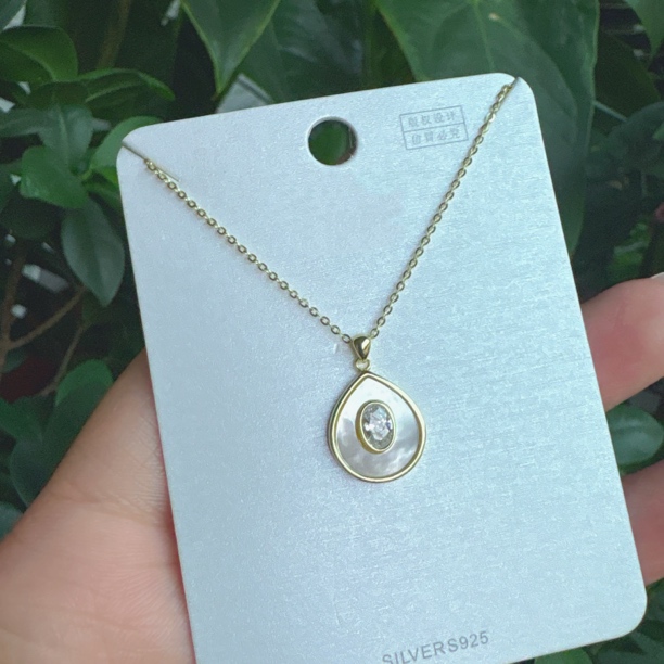 坠链均925银 纯银S925水滴型镀金贝壳项链镶钻金色套链
