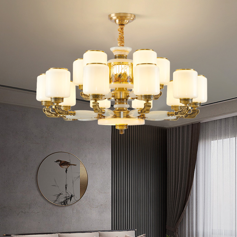 高端天然玉石客厅吊灯新中式全铜复式楼大吊灯大气餐厅中国风灯