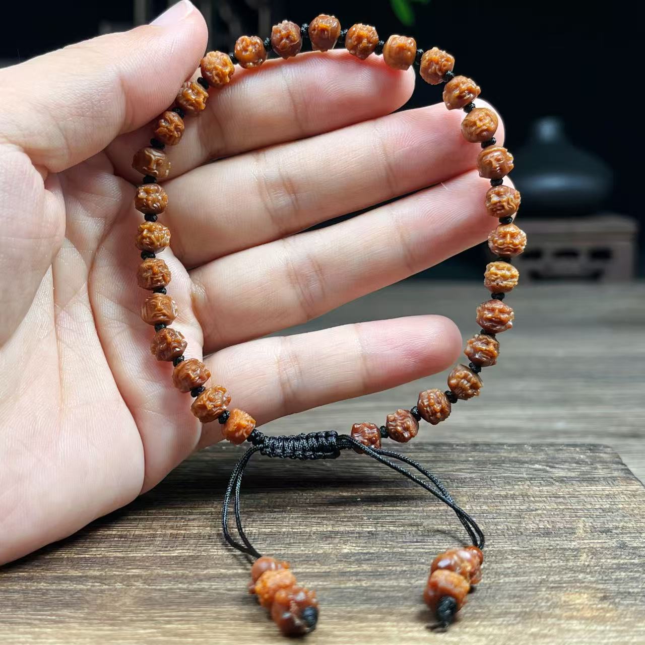 橄榄核尖 7mm玉化单面36罗汉  文玩手串