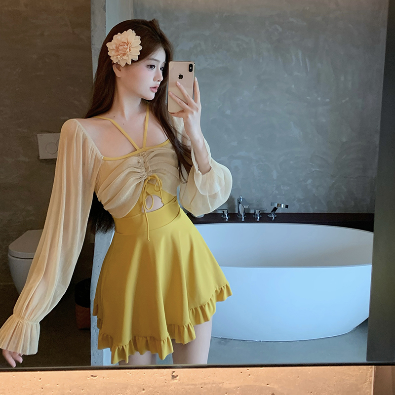 罗十安【柠檬黄】新款显白大码显瘦裙式平角连体泳衣女温泉度假游泳