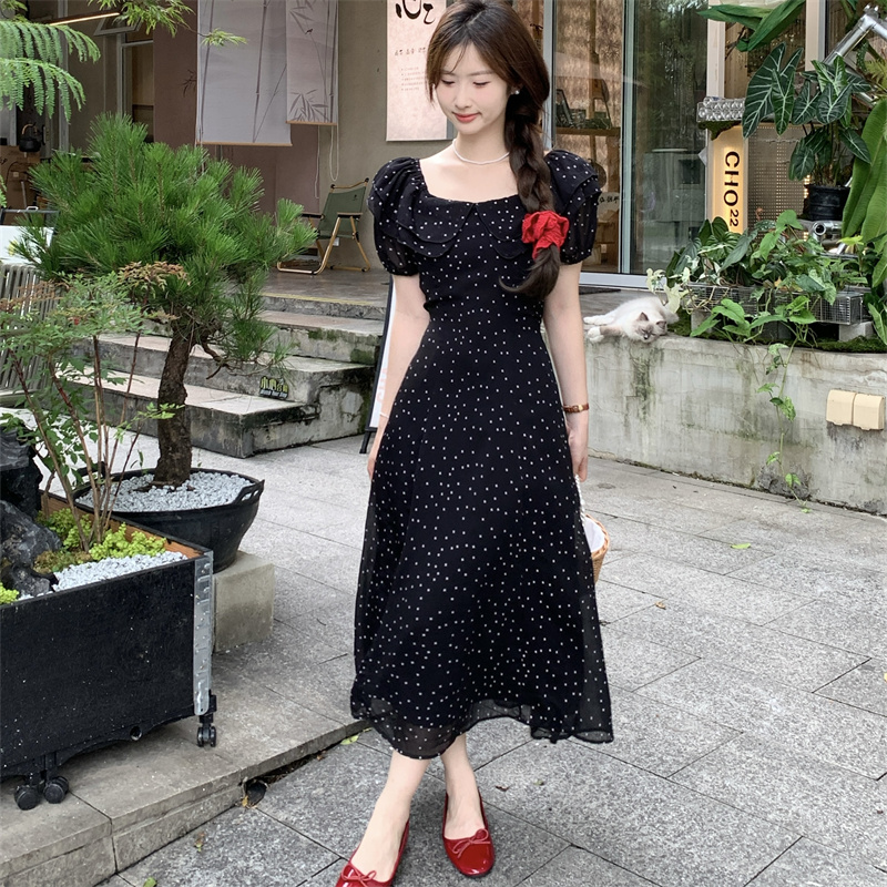 大码赫本风法式气质波点连衣裙女夏季高级感长裙显瘦方领裙5261