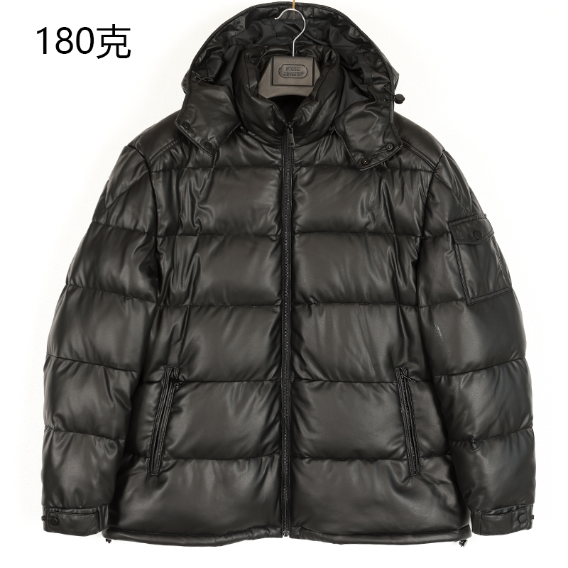 180克穿到零下10度男士白鹅绒绵羊皮连帽保暖黑色皮衣外套25306-2
