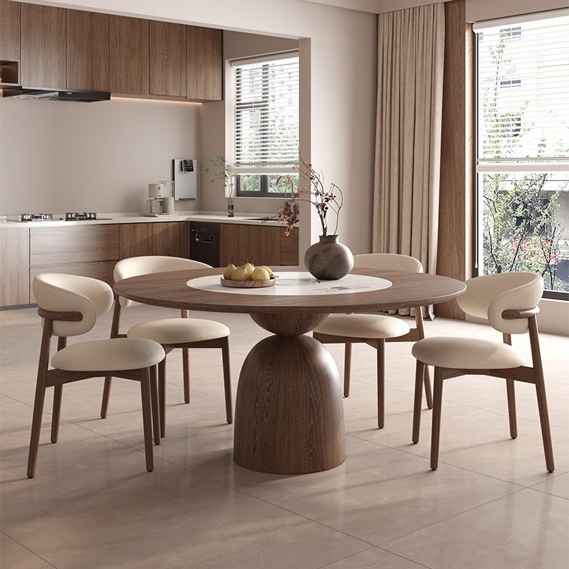 2025新款北欧实木圆设计师款餐桌中古风多功能暖菜电磁炉转盘圆桌