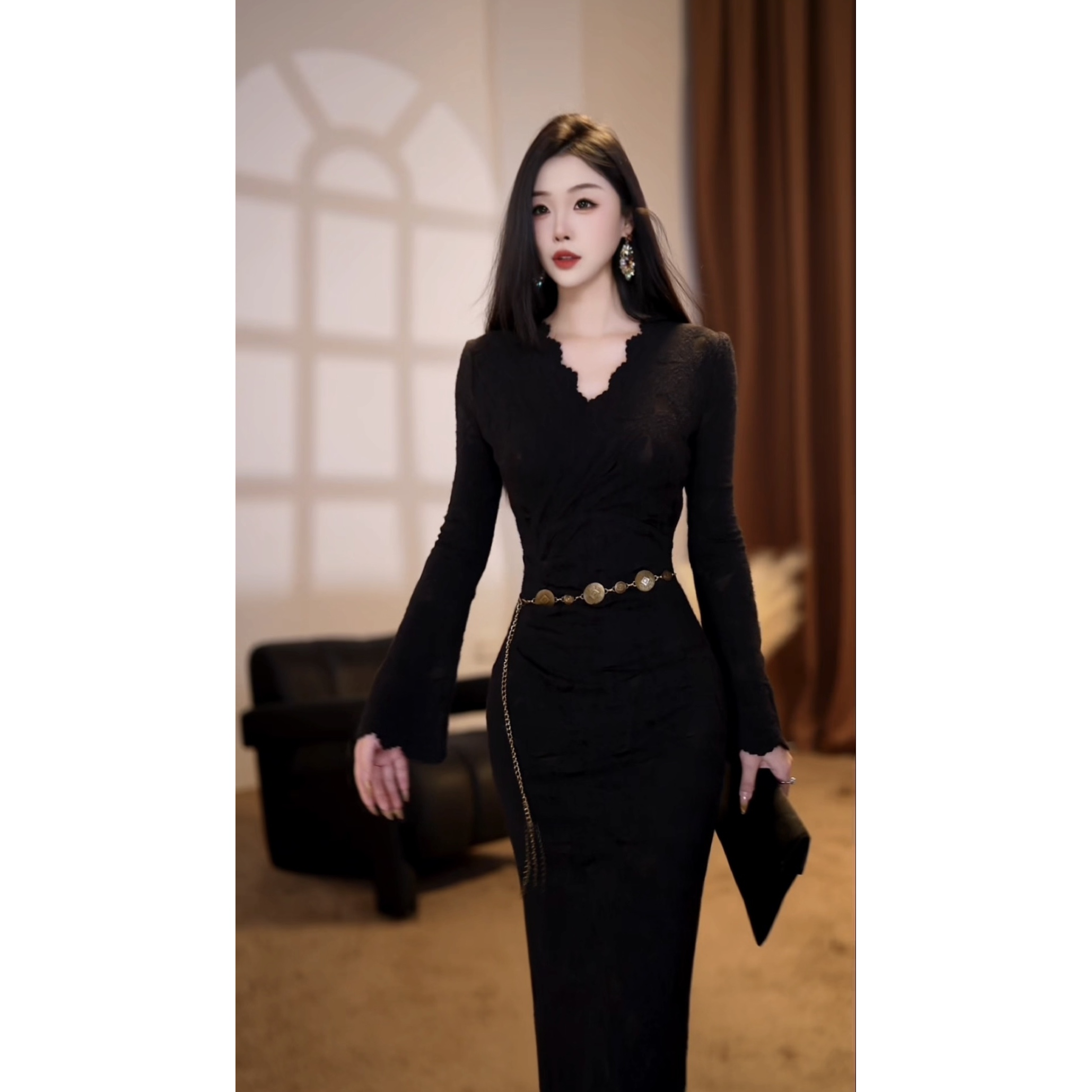 【琳玥】海棠秋季新款新中式气质收腰显瘦鱼尾连衣裙-YL11130