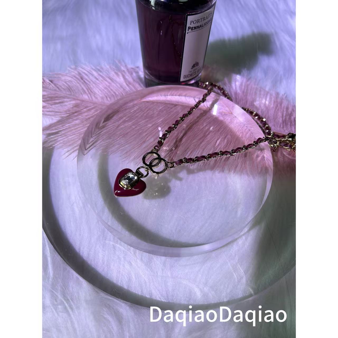 铜合金合成锆石项链 玫瑰红穿皮爱心项链气质精致00Y198