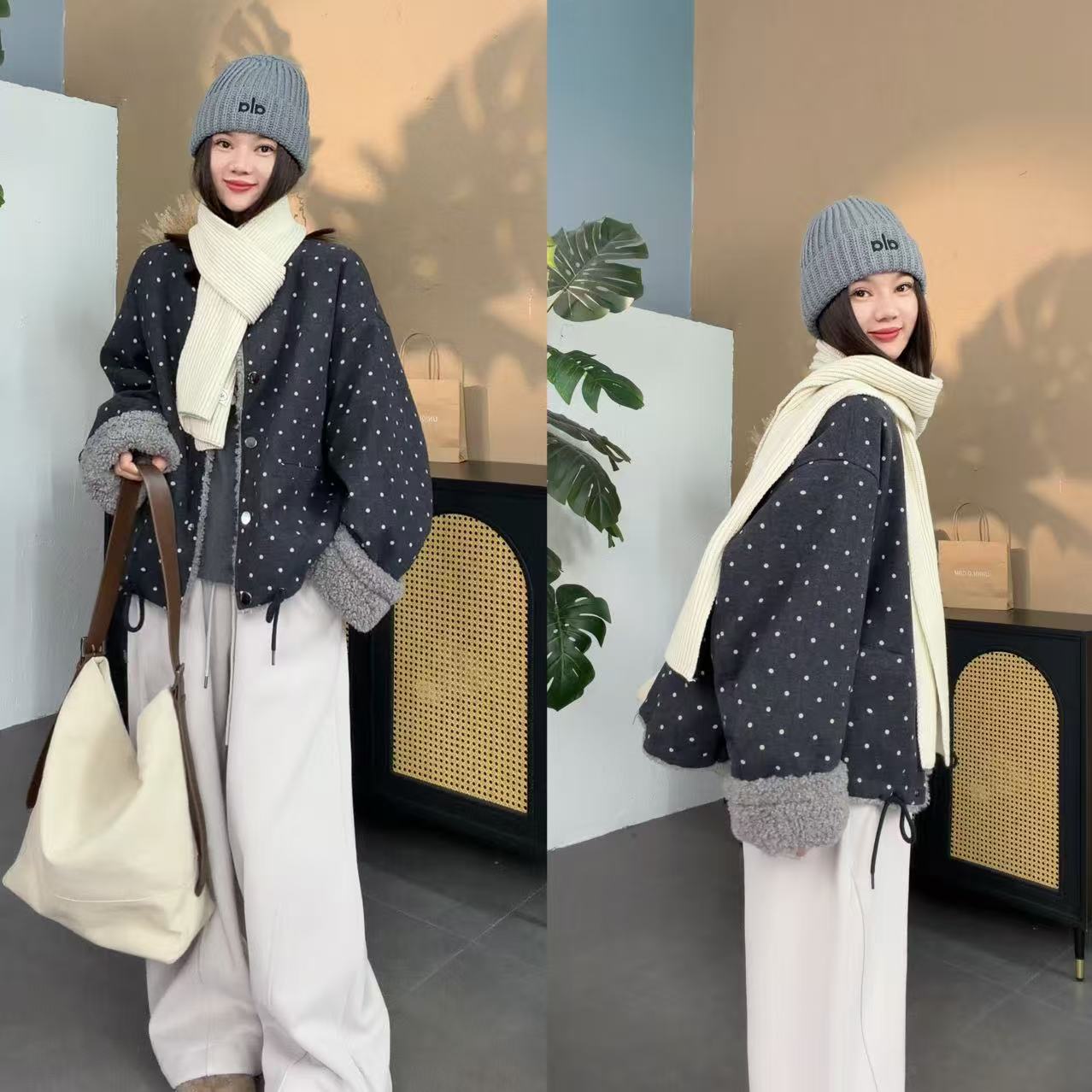 【SI MO】3892冬季新款内里软糯毛毛无领正反两穿波点外套