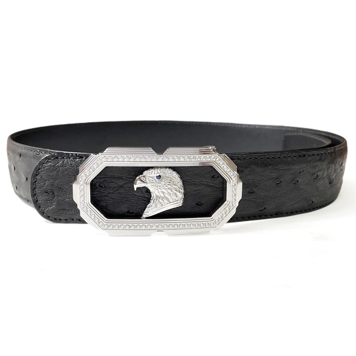 史蒂芬路易斯Stephen Louis长方多边形 镶钻银鹰扣黑色鳄鱼皮腰带