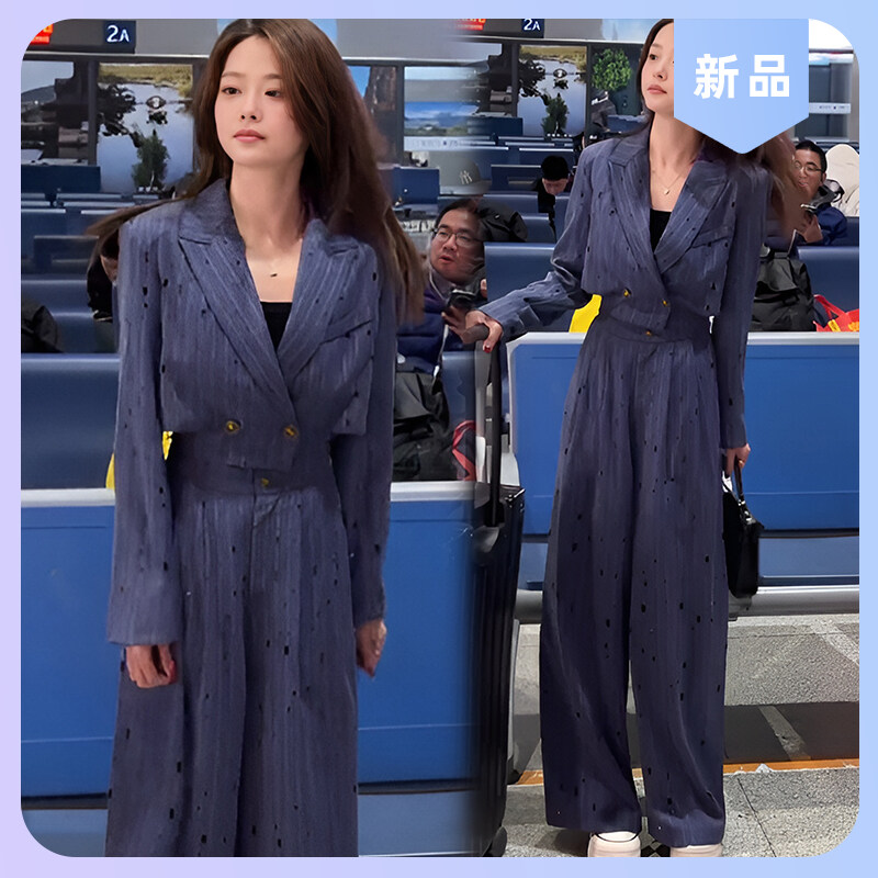 新款春秋烫钻+两件套镂空短款时尚套装外套显瘦宽松女阔腿裤2025