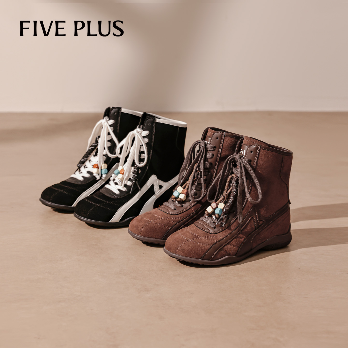 FIVE PLUS短筒靴女25年冬季新款时尚虎珀流光圆头拼色时装瘦瘦靴