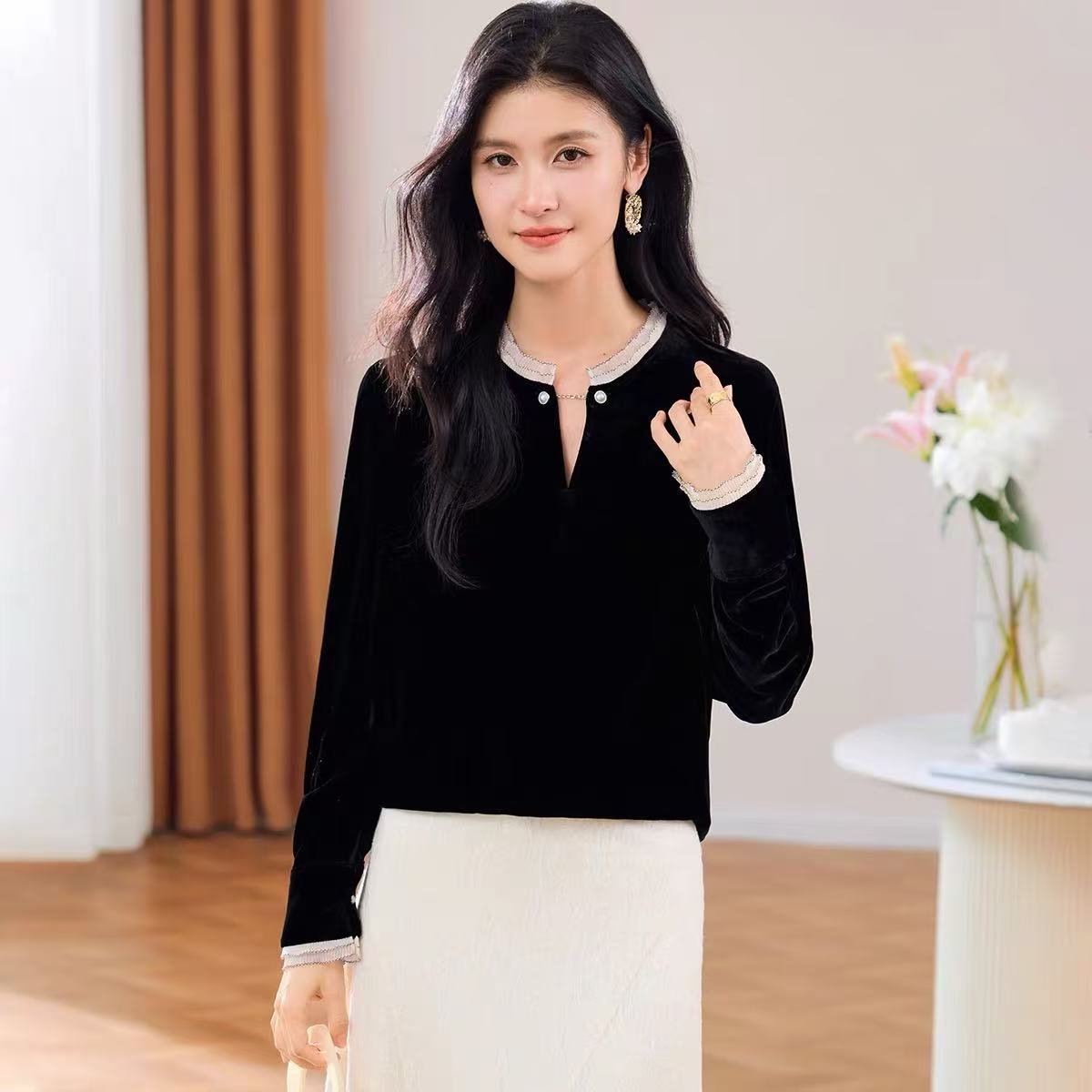 桑蚕丝丝绒女士上衣衬衫钉珠长袖显瘦纯色宽松气质825187