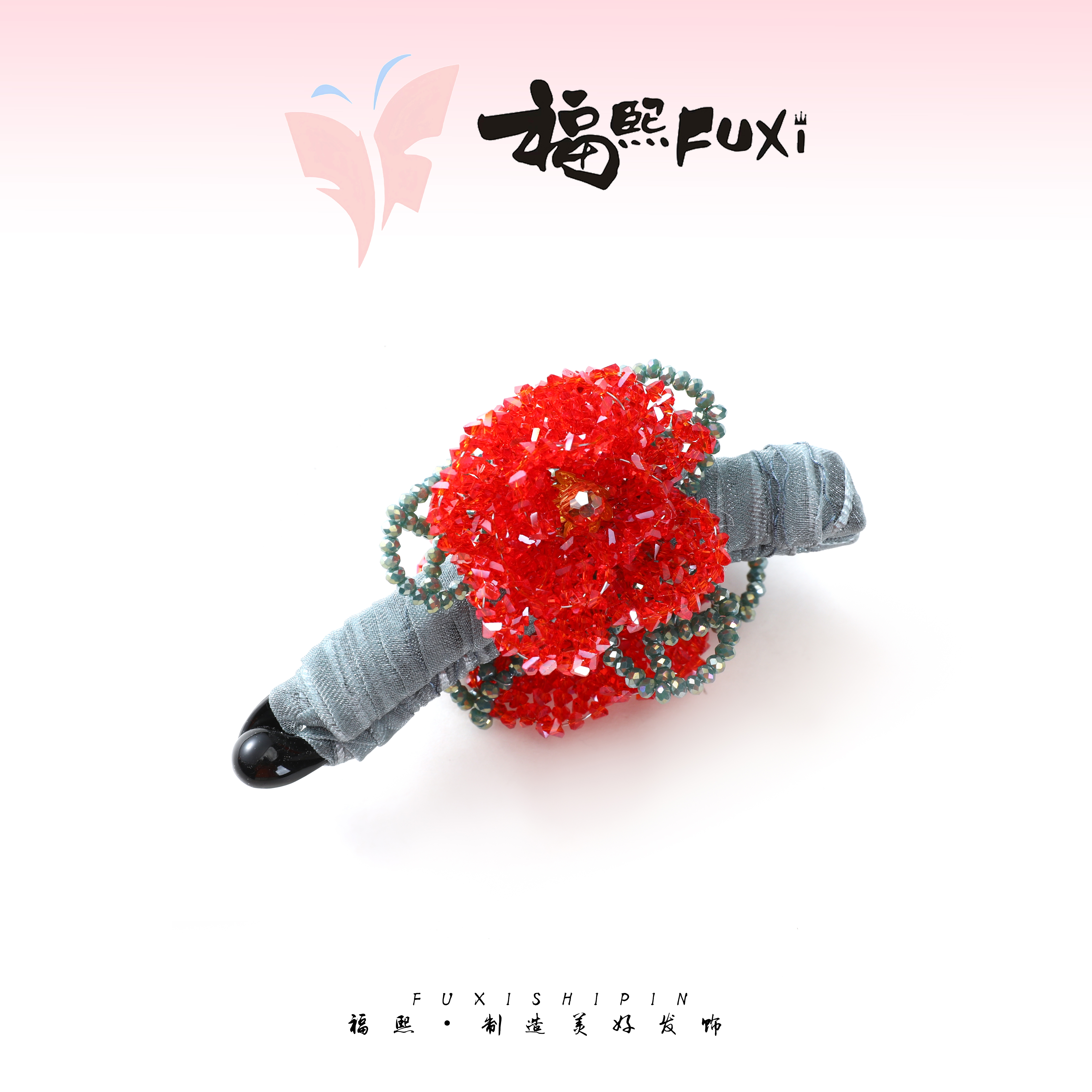 【扶摇】精品水晶新款重工编织红色花绿叶气质香蕉夹WM-1157