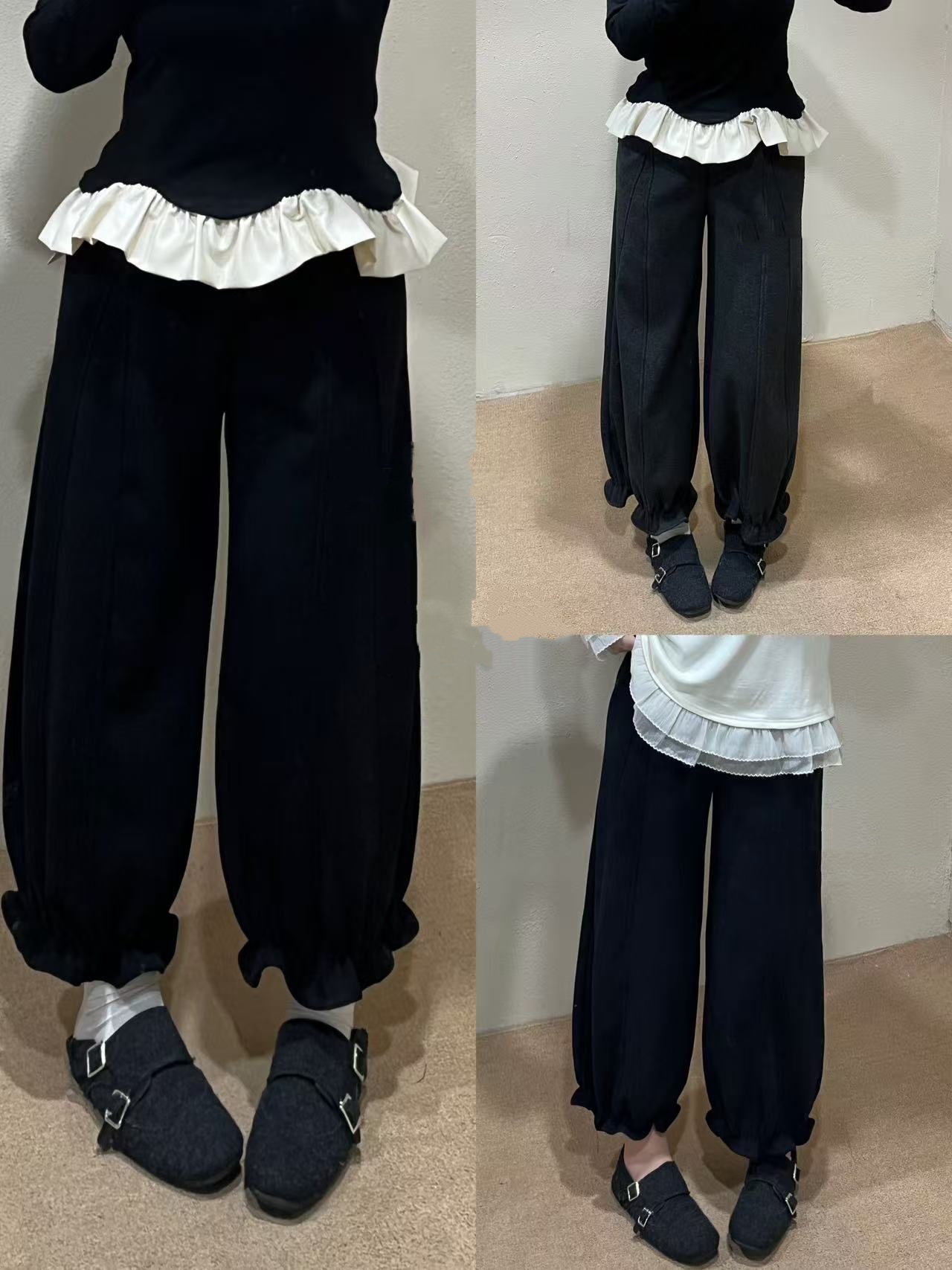 2622韩系复古加绒花苞裤冬季胖mm大码女裤阔腿裤高腰拼接休闲裤子