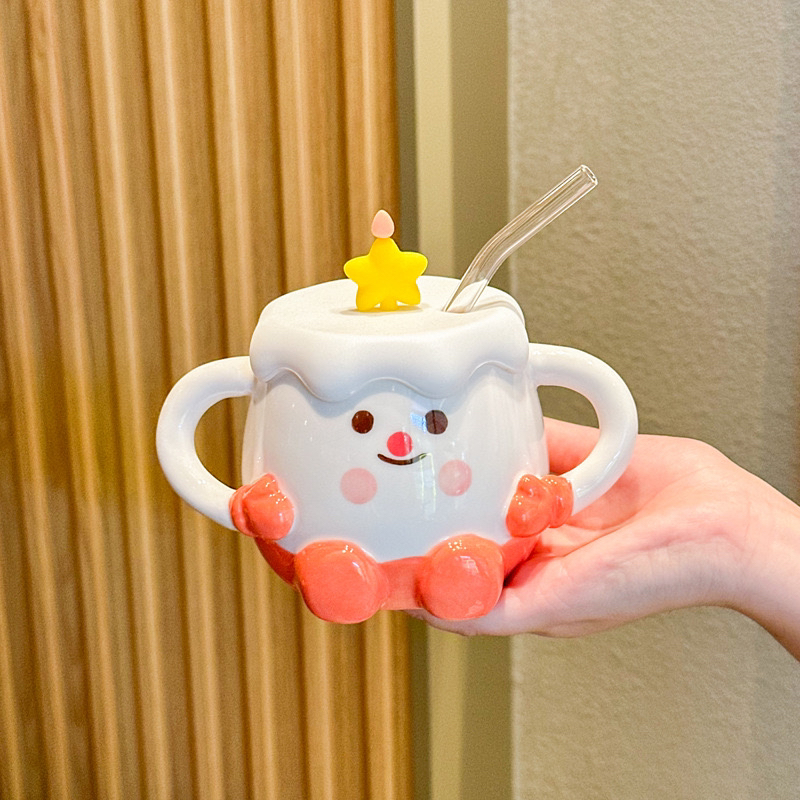 可爱生日蛋糕马克杯女生高颜值陶瓷杯子带盖吸管大容量情侣咖啡杯