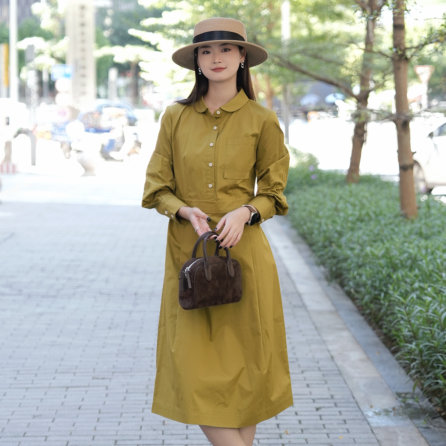 连衣裙单排扣衬衫领秋季宽松腰长袖衬衫裙中长裙