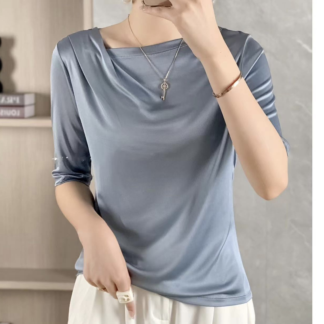 涵玖玥【三醋酸】新款别致舒适一字肩短袖上衣纤79-22-45