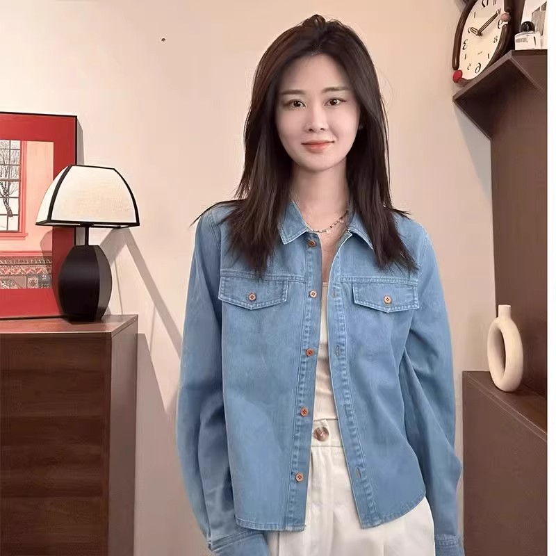 芊芊芙韩系复古气质翻领蓝色牛仔衬衫女早春2025新款宽松休闲上衣