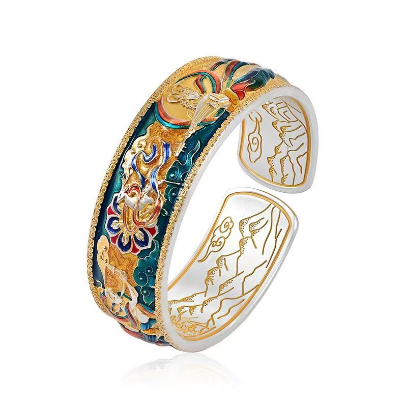 足银手镯 遇见敦煌999实心宽版开口银手镯珐琅彩描金国风银镯子 