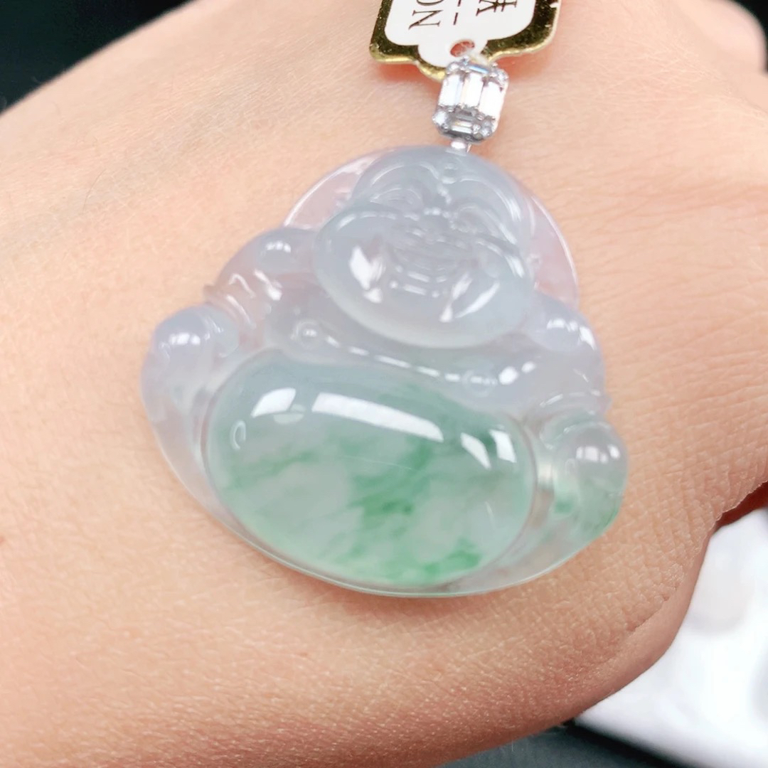 天然A货翡翠18K金镶嵌冰种飘阳绿佛公吊坠(不含链)