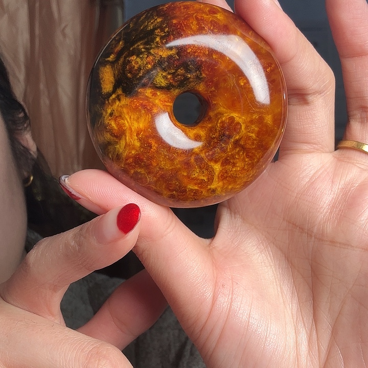 暖***日琥珀木手把件 平安扣