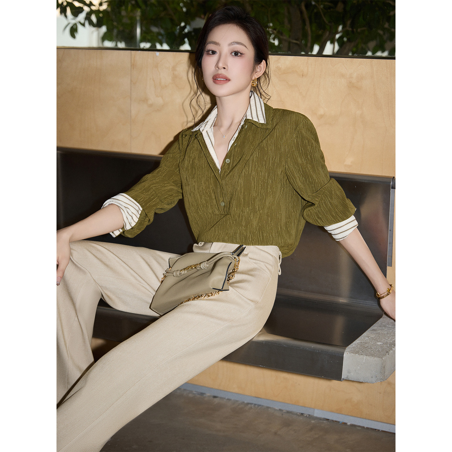 MEINA【薄荷星砂】法式时尚气质设计休闲百搭修身显瘦假两件衬衫