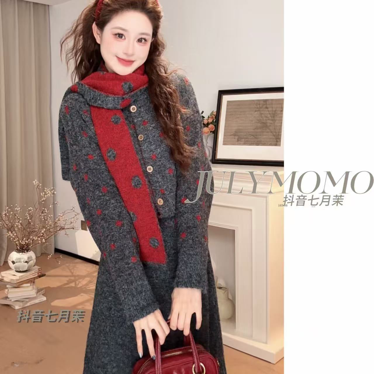 9122 一整套女秋冬圈圈开衫围脖款+半身裙两件套