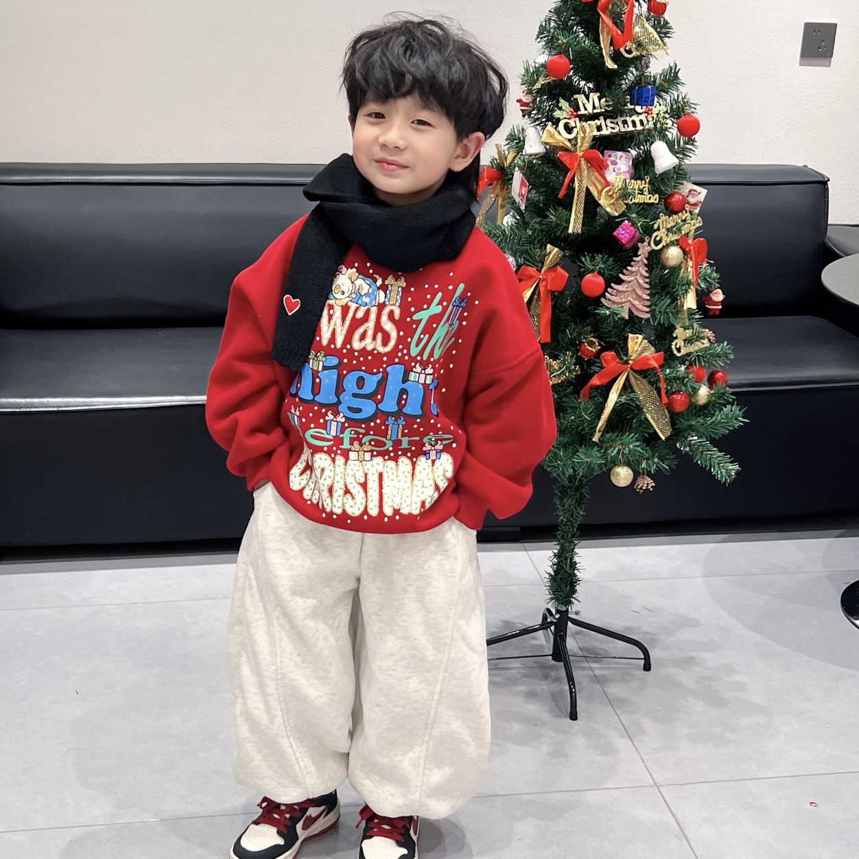 25冬新品韩国童装中小童男童红色新年圣诞印花加厚一体绒卫衣