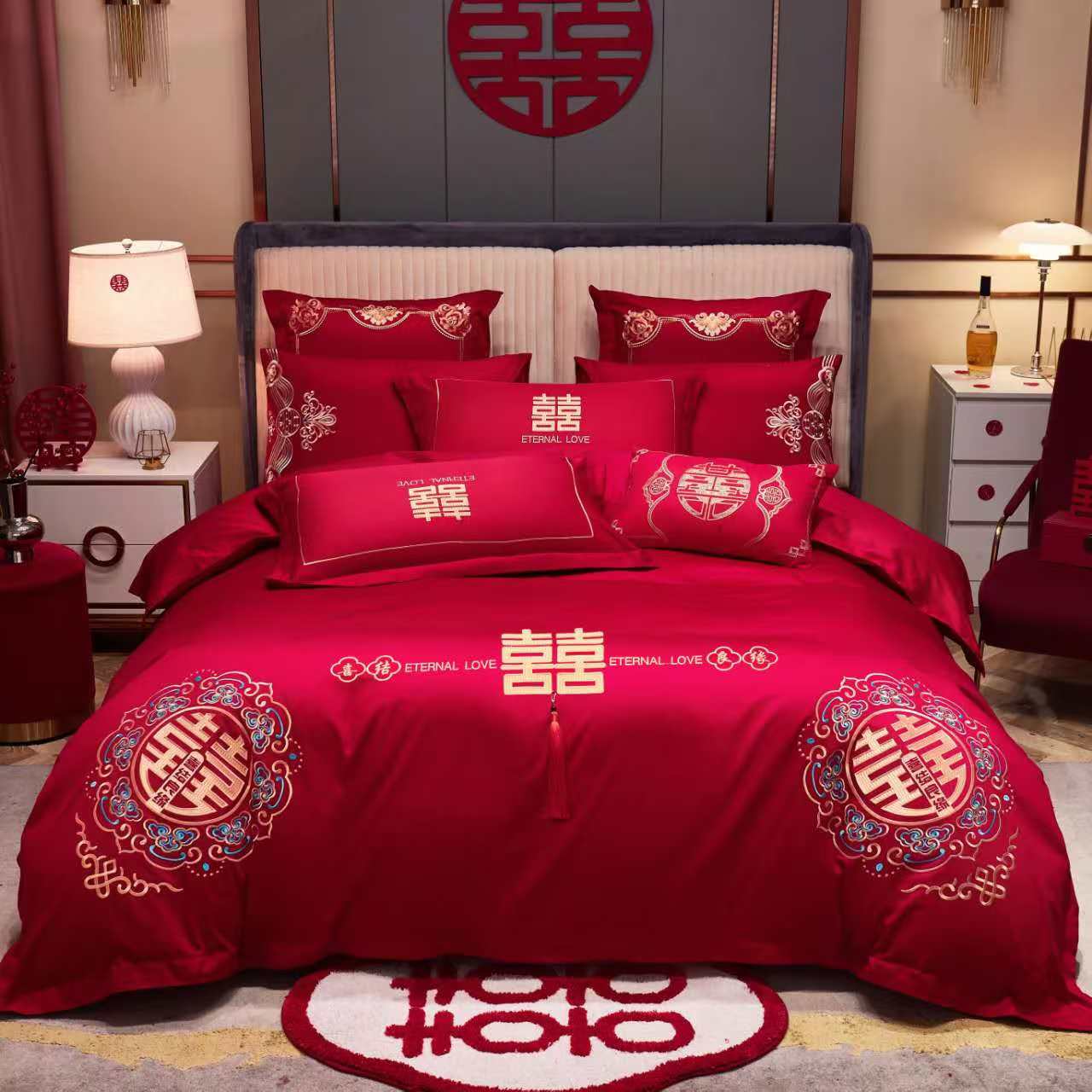  yy【喜结良缘】高端刺绣婚庆结婚用品婚房四件套红色松弛感