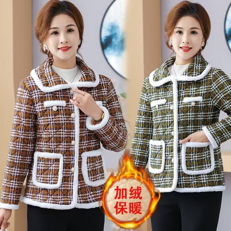 茉燕家 2025时尚翻领亮扣白毛毛大口袋休闲气质加绒加厚外套