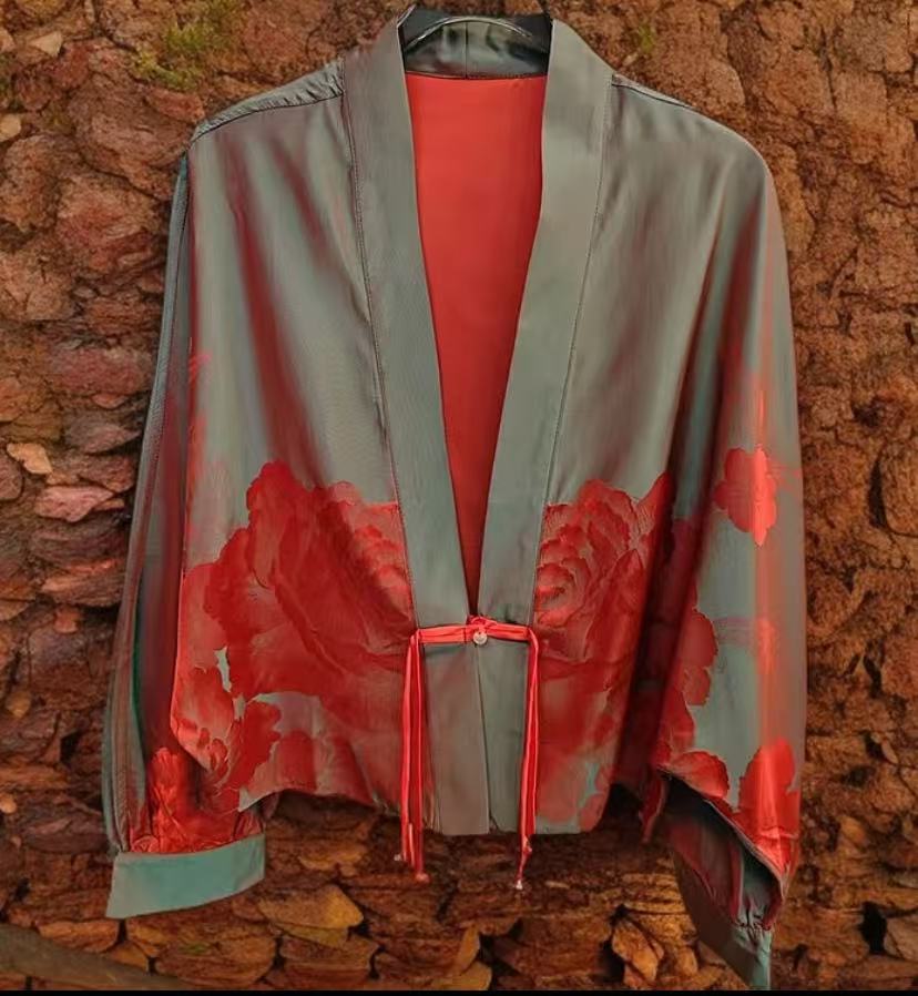 《苏小馆》牡丹花长袖半开领开衫上衣夏季时尚女士外搭外披复古古风