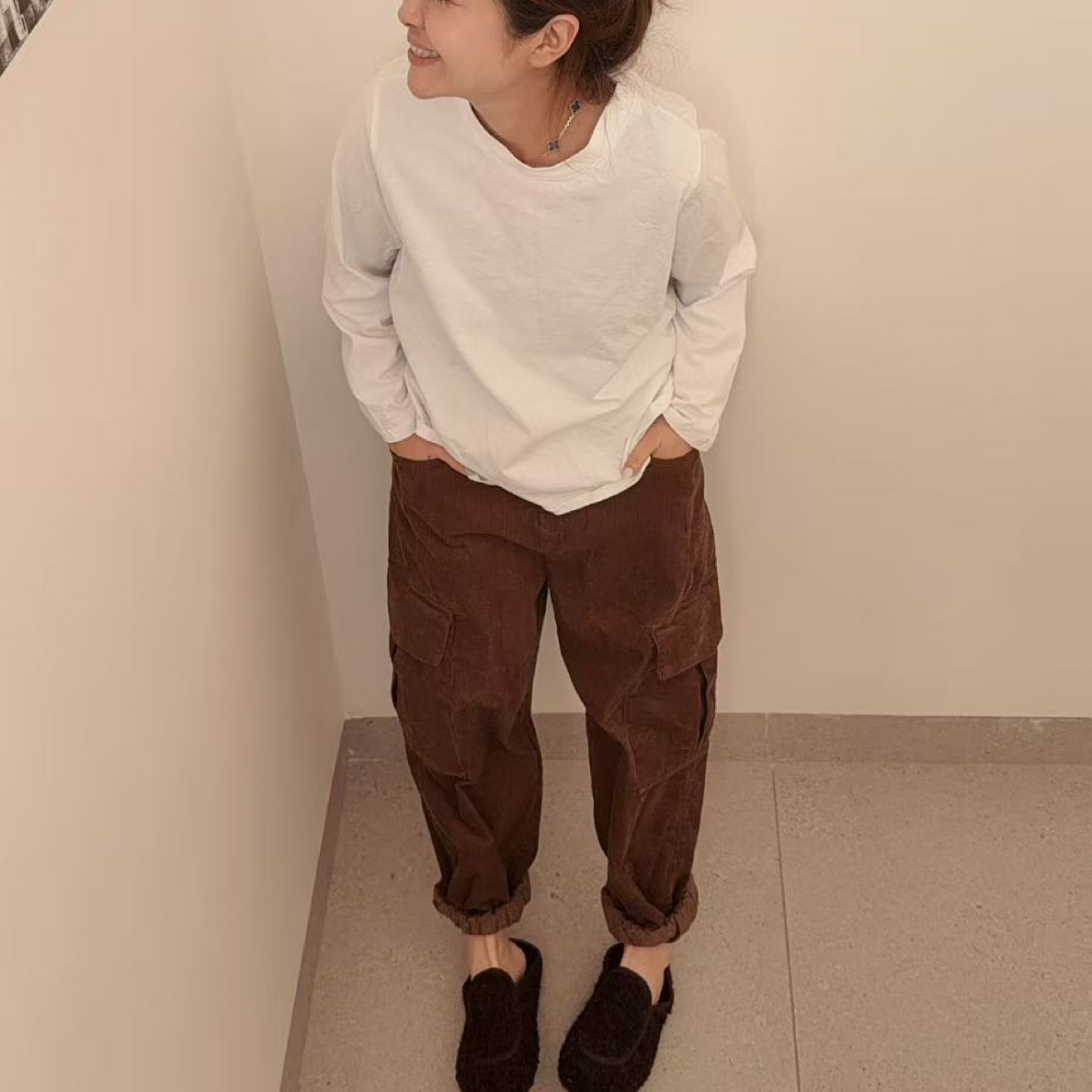 夏小朵 秋冬灯芯绒双兜工装裤 小众简约设计感纯色宽松工装裤