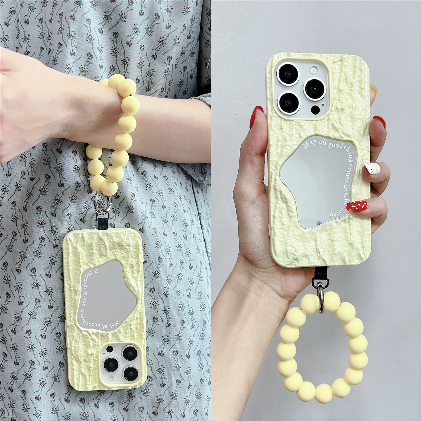 韩系奶油黄褶皱镜面适用苹果15手拎14圆环iphone16promax手机壳13