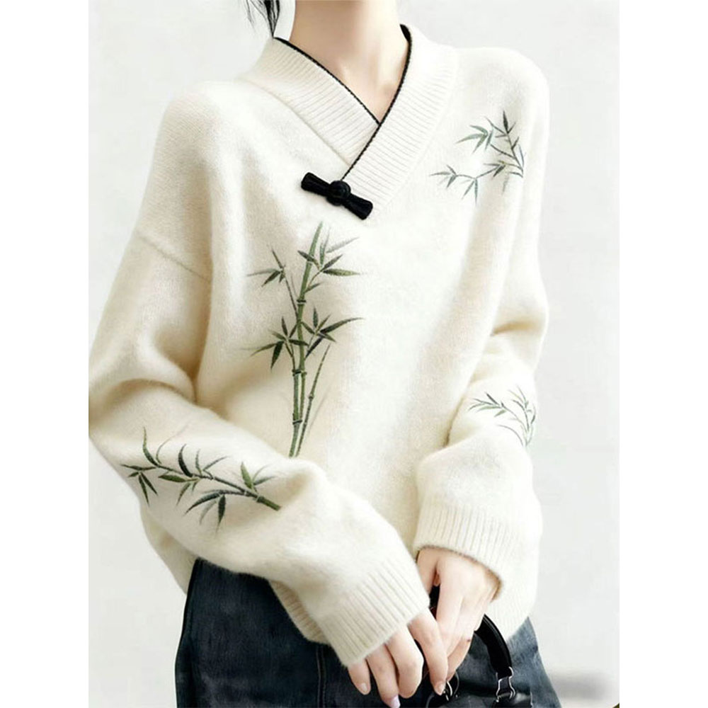 新中式国风设计感竹子刺绣毛衣女秋冬季新款高级感轻奢V领针织衫
