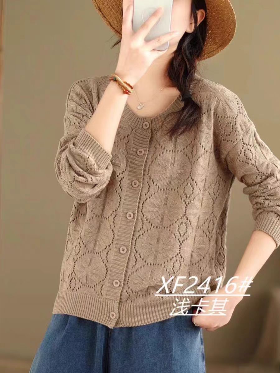 069棉线针织单排扣开衫女款均码