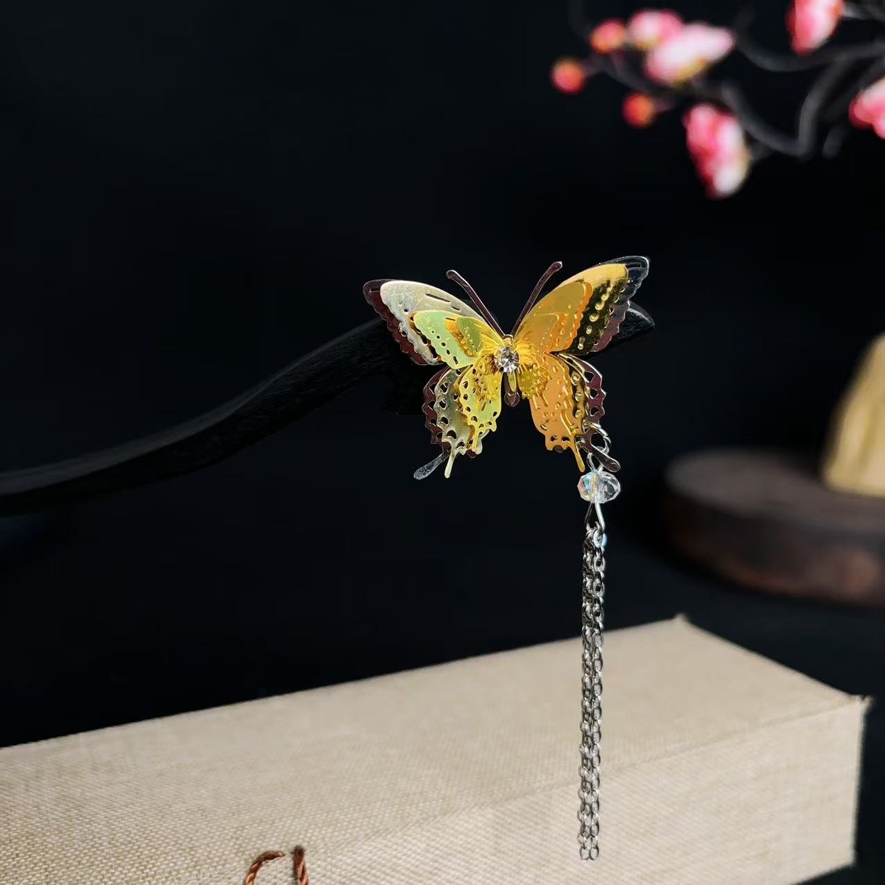 a856【金蝶流苏】18公分花朵发簪新中式古风发簪子旗袍汉服流苏发饰