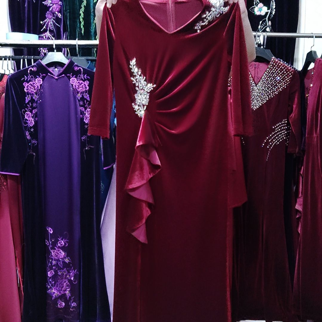 XL连衣裙重工金丝绒酒红色
