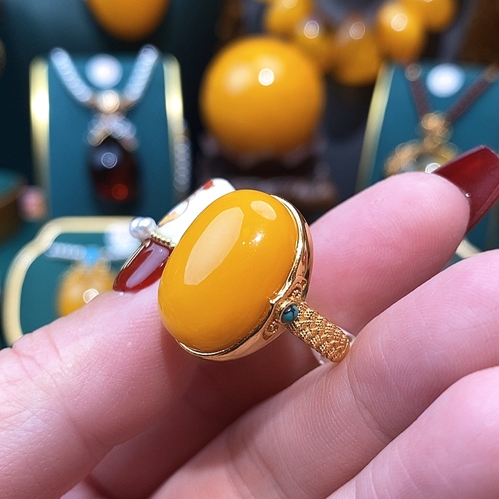 蜜蜡戒指银S925镀金镶嵌