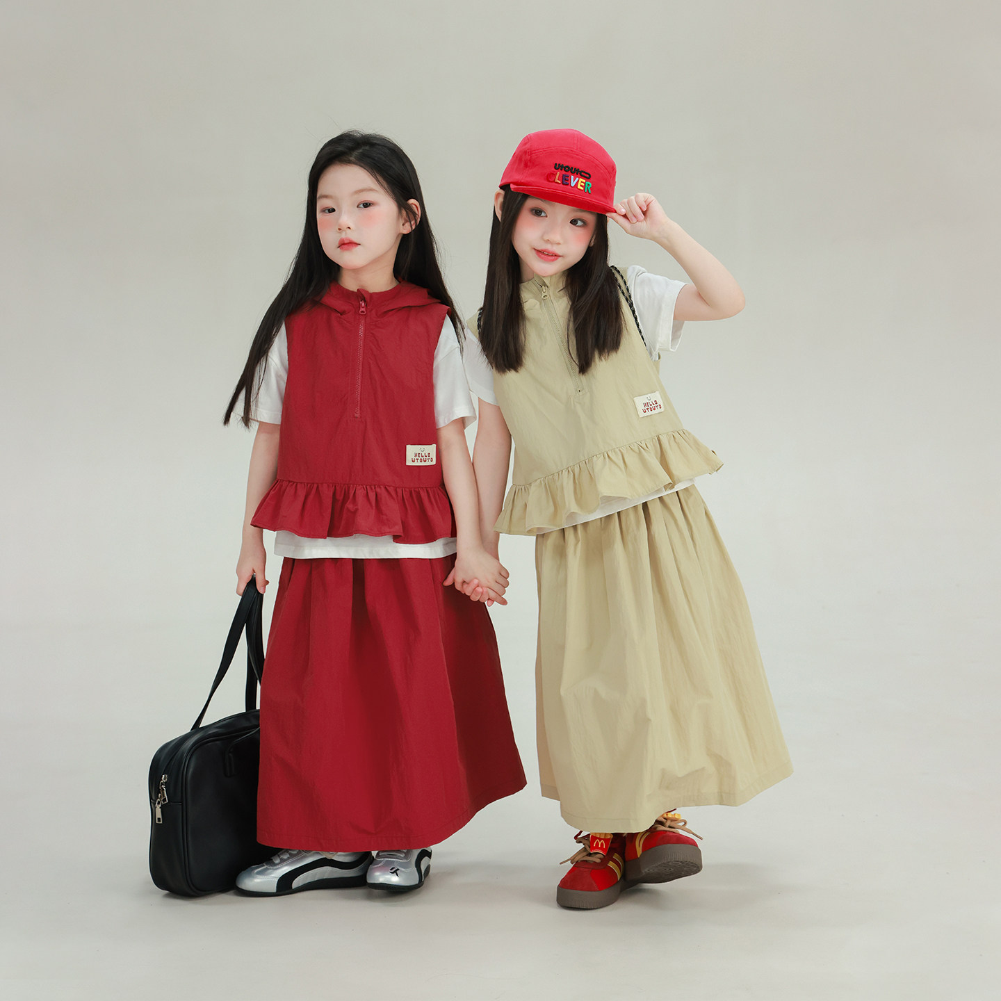 大耳象女童连帽马甲纯色半裙2026春季新款小众无袖套装2574031