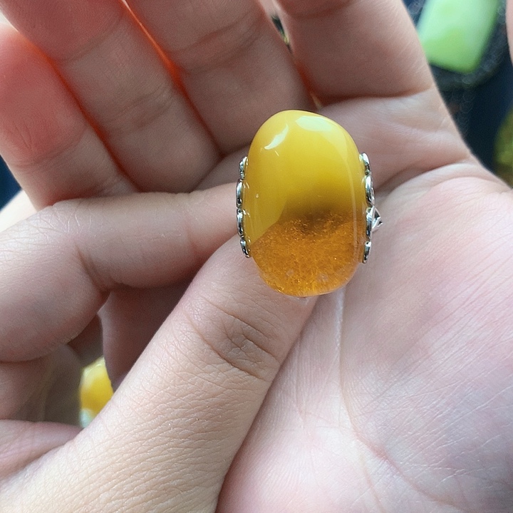 琥珀裸石银S925镶嵌戒指