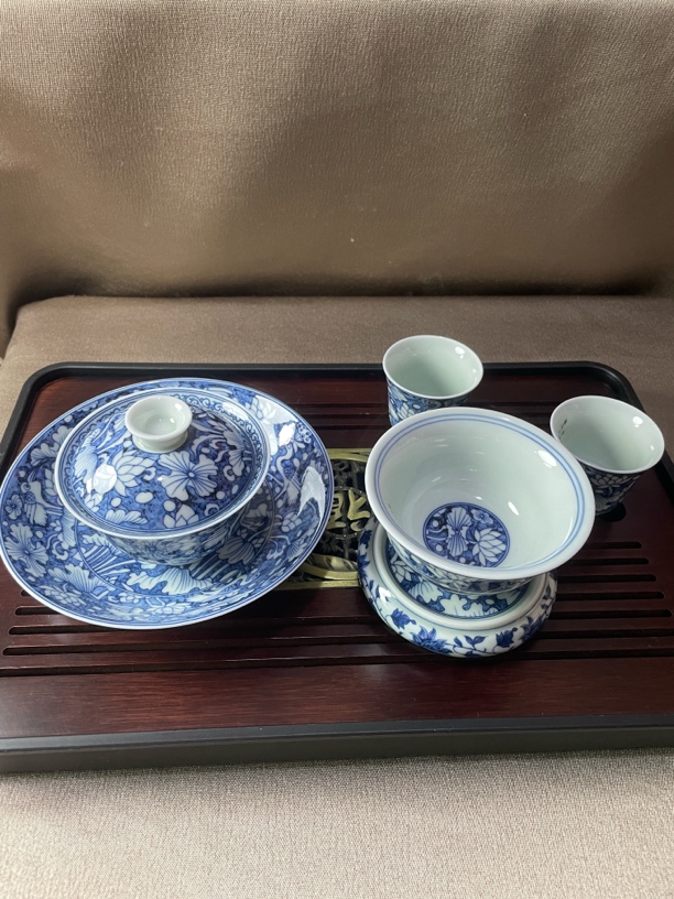 一路莲科缠枝陶瓷六件套组茶具茶杯青花瓷瓷盖碗