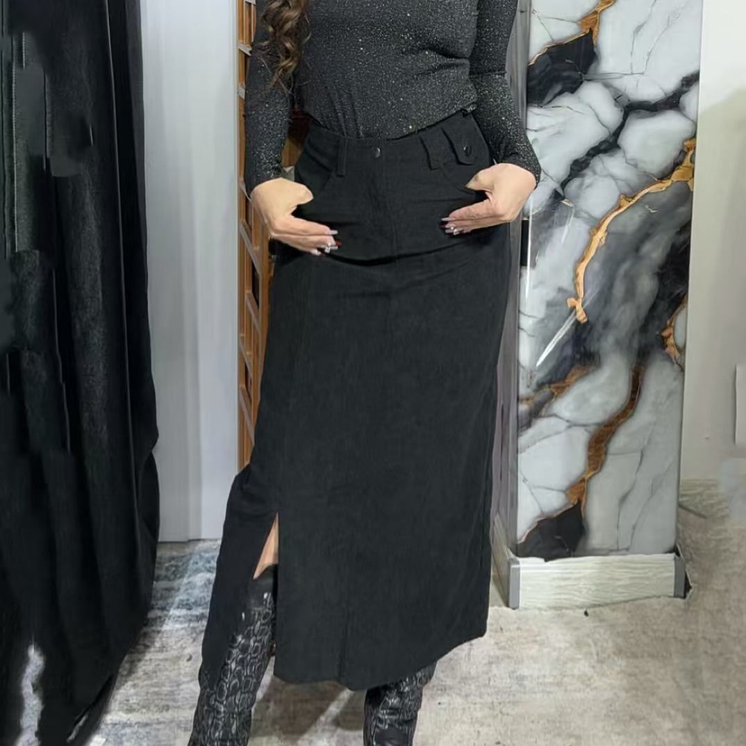 秋冬新款高腰显瘦中长款开叉灯芯绒半身裙女通勤百搭款